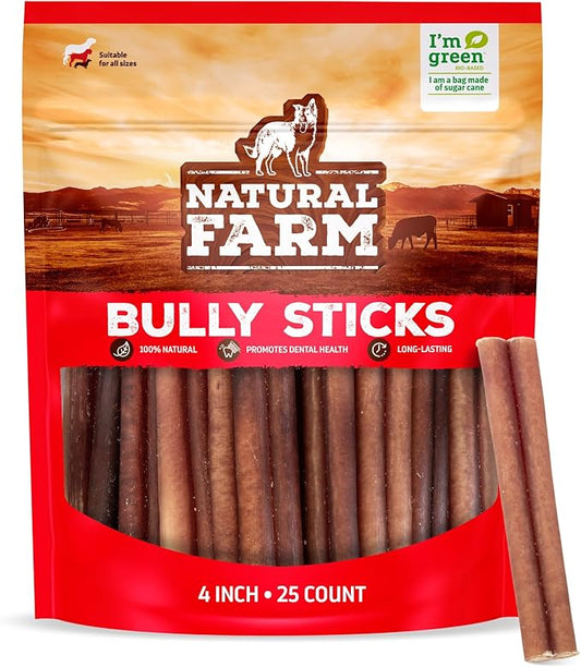 Natural Farm Odor Free Bully Sticks (4 Inch, 25 Pack) for Small & Medium Dogs - 100% Beef Chews for Pups, Non-GMO, Grain-Free, Fully Digestible Long Lasting Dog Treats
