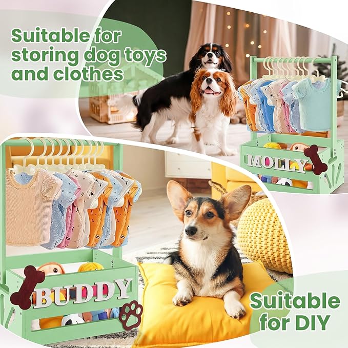 20" x 13" x 9" Wooden Dog Closet Pet Wardrobe Crate Box with Hanging Rods and Personalized Alphabet Letters Easy Assembly Baskets for Dog Cat Toys Clothes Accessories (Green)