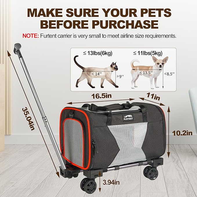Pet Carrier Airline Approved with Wheels, Rolling Airline Cat Carrier Underseat up to 13lbs, Soft-Sided Cat Carriers for Kitten and Puppy with Shoulder Strap and Pet Bowl 16.5 * 11 * 10.2in, Black