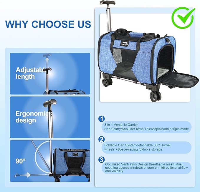 Cat Carrier with Wheels – Airline Approved Pet Travel Backpack, Soft-Sided Collapsible Rolling Carrier for Cats and Small Dogs, Expandable Top Loading Ventilated Design, Blue