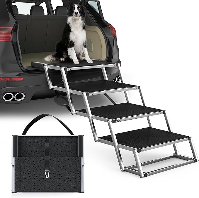 Extra Wide Dog Stairs for Large Dogs, Foldable Dog Ramp for Car with Non-Slip Surface, Dogs Stairs for Cars, High Beds, Truck, Supports up to 250 lbs, 4 Steps