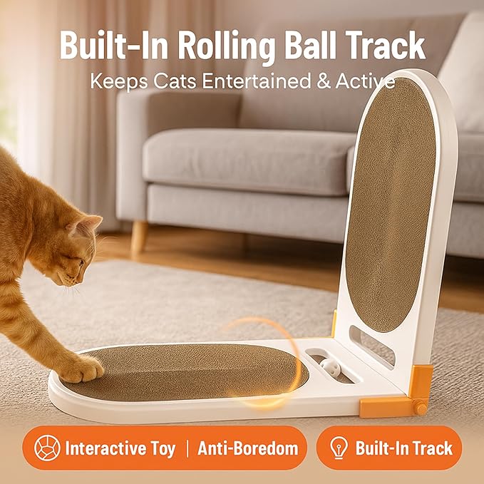 Extra Large 45" L Shaped Cat Scratcher with Ball Toy, Cat Scratch Pad for Indoor Cats, Durable Cardboard Cat Scratching Board & Couch Furniture Protector, Modern Cat Scratching Post for Cats