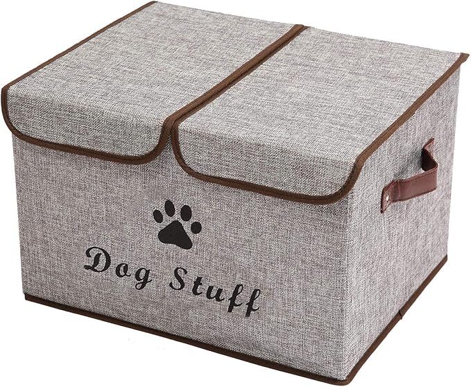 Geyecete Large Storage Boxes - Large Linen Fabric Foldable Storage Cubes Bin Box Containers with Lid and Handles for Dog Apparel & Accessories, Dog Coats, Dog Toys, Dog Clothing(Grey)