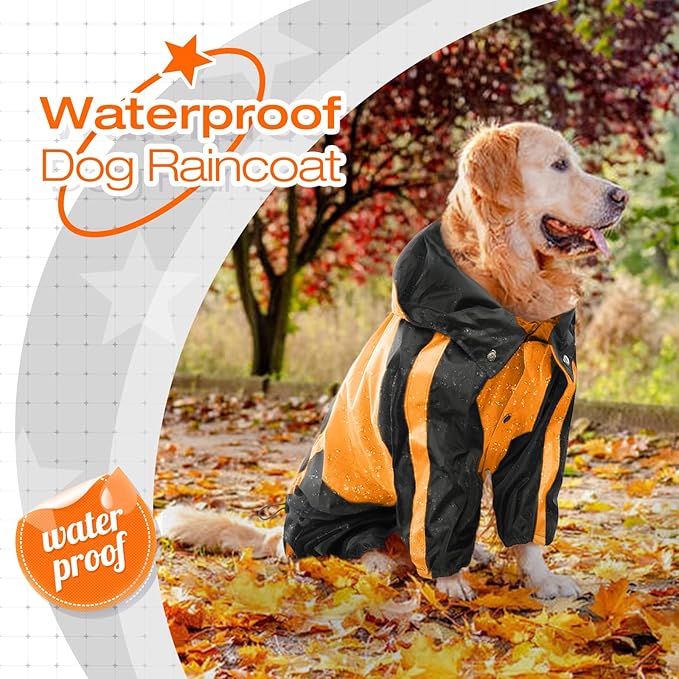 Dog Raincoat, Waterproof Dog Rain Coats for Large Dogs, Lightweight Rain Jacket, Adjustable 4 Legs Pet Poncho with Hood, Snow-Proof Dog Vest Rainwear, Rain Clothes Apparel with Leash Hole