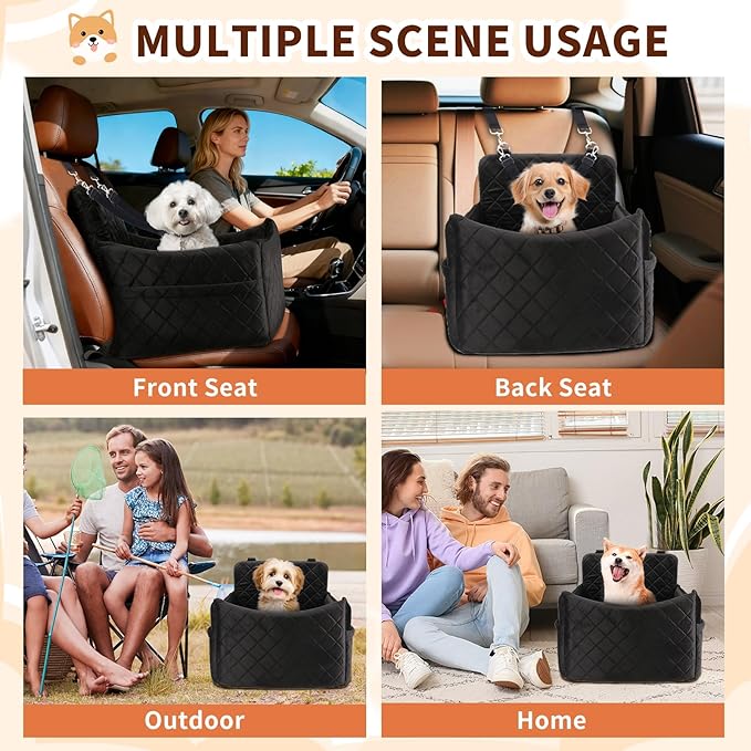 Dog Car Seat for S/M Dogs, Memory Foam Dog Booster Car Seat Up to 35lbs, Detachable Washable Pet Travel Bed with Side Pockets and 2 Safety Belts, Easy to Install (Black)