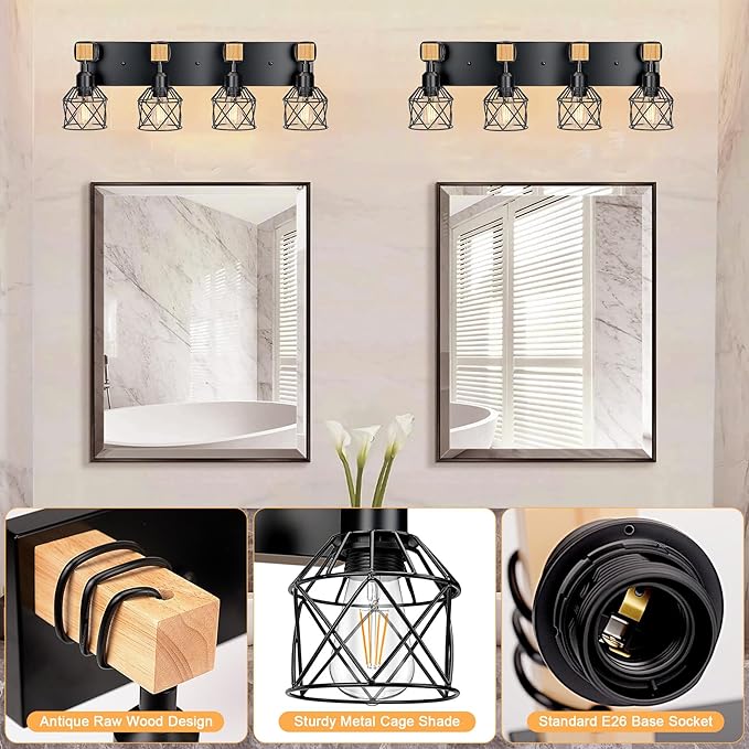 4-Light Farmhouse Vanity Light for Bathroom,Industrial Vanity Light Over Mirror,Bathroom Wall Lamp for Kitchen Living Room (4-Light)