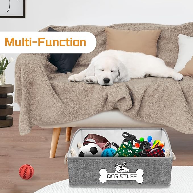 Collapsible Fabric Dog Toy Box and Storage Bin With Handle - Trapezoid Basket Chest Organizer for Pet Toys, Blankets and Accessories,Light Grey