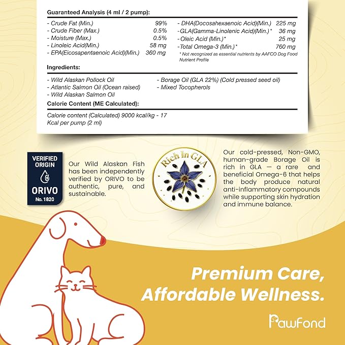 Wild Alaskan Pollock & Salmon Oil for Dogs & Cats - Omega 3 EPA DHA Fish Oil with Borage Oil GLA 22% - Anti-Itch, Skin & Coat Supplement, Joint Support, Allergy Relief -100% Natural - 8oz Pump