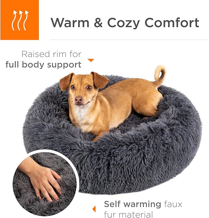 Best Choice Products 23in Dog Bed Self-Warming Plush Shag Fur Donut Calming Pet Bed Cuddler w/Water-Resistant Lining, Raised Rim - Gray