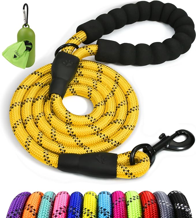 Taglory Rope Dog Leash 6 FT with Comfortable Padded Handle, Highly Reflective Threads Leash for Medium Large Dogs, 1/2 inch, Yellow
