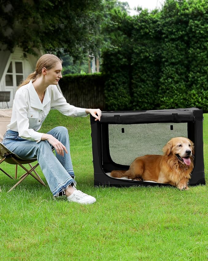 30-Inch Collapsible Travel Dog Crate, Portable 4-Door Soft Kennel for Medium to Large Dogs, Chew-Proof Mesh Windows, Indoor/Outdoor Use, Foldable, with Storage Bag (Black)