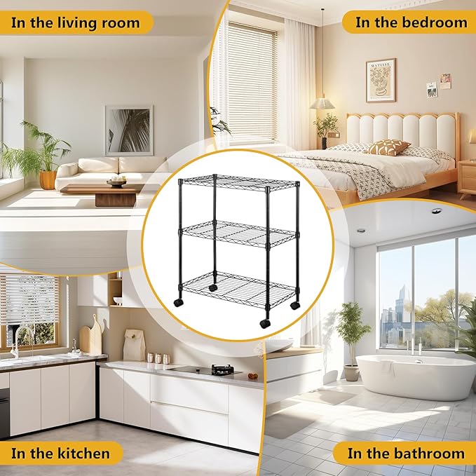 3-Tier Storage Shelves Steel Plant Stand Household Sturdy, Mesh Metal Storage Rack Unit with 360°Removable Wheels for Kitchen/Living Room/Bathroom/Laundry Room/Pantry/Garage/(Max Load Capacity 200 lb)