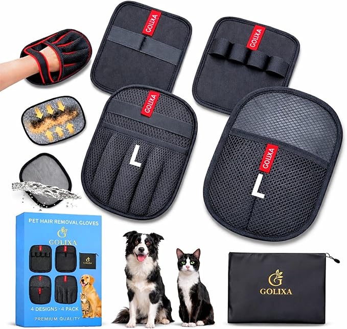 4 Pcs Pet Hair Removal Glove for Dogs & Cats, 4 Designs Electrostatic Magic Brush Pet Hair Remover, Reusable Dog Hair Remover, Washable Pet Grooming Tools for Carpet, Sofa, Clothes & Car Seats