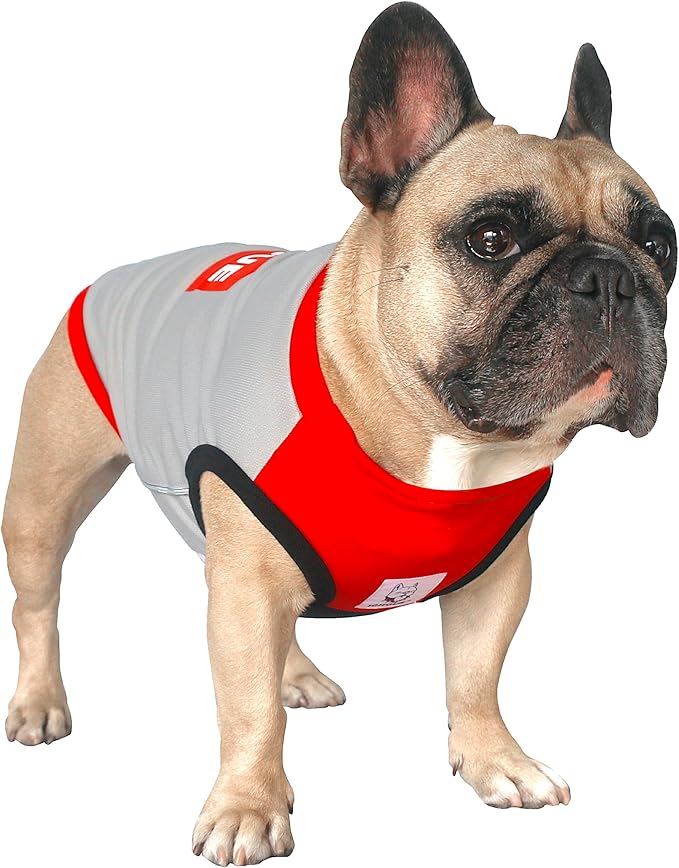 iChoue French Bulldog Summer Cooling Shirt for Dogs UV Sun Protection Vest Sleeveless Stretchy Tank Top English Pug Grey Red - Small