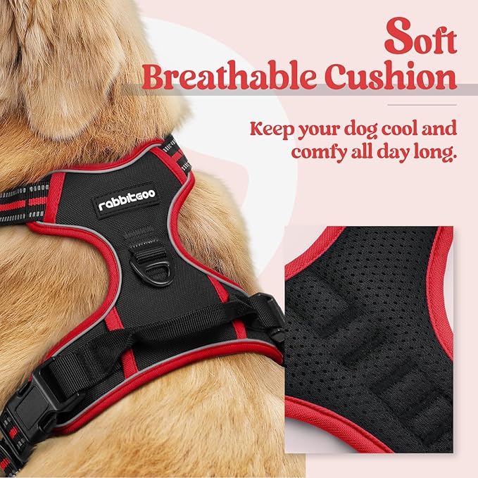 rabbitgoo Dog Harness No Pull with 2 Leash Clips, Adjustable Soft Padded, Reflective Oxford No Choke Pet Vest with Easy Control Handle for Large Dogs, Black & Red, XL