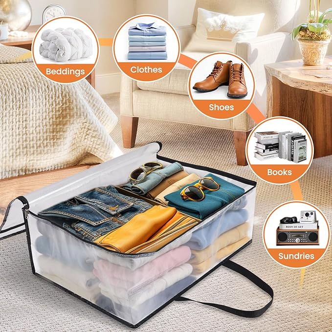 4 Pack Clear Storage Bags for Comforter, Clothes & Bedding, Plastic Blanket Storage with Zipper and Handle, Moving Bags, Closet Organizer and Under-Bed Storage (90L)