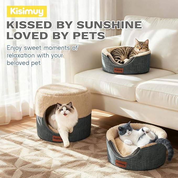 Cat Bed for Indoor Cats, 2-in-1 Convertible Cat Cave & Lounge Bed with Reversible Plush Cushion, Foldable Anti-Slip Cat House - Calming Cozy Hideaway for Kittens&Small Cats with Anxiety Relief, 15.7in