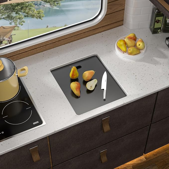 15 Inch RV Kitchen Sink - Fulorni 15"x17" Outdoor RV Mobile Camper Wet Bar Prep Sink Undermount Gunmetal Black NANO-PVD 16 Gauge Stainless Steel Single Bowl Basin with Foldable Faucet