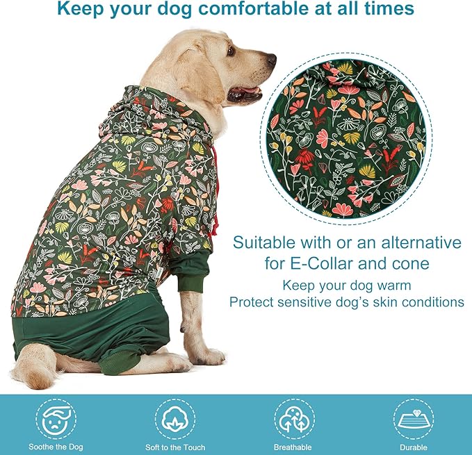 LovinPet Large Dog Onesies Big Pajamas: Wound Care/Post Surgery, Anxiety Relief, Lightweight Stretchy Fabric, Dog Pajamas,Dog Jammies, Reflective Stripe, Dew & Moss Dark Green Print, Pet PJ's /2XL