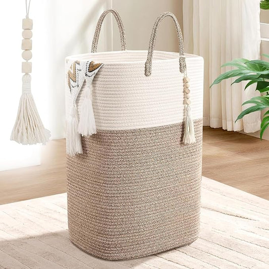 Woven Laundry Basket for Clothes, 80L Large Rectangle Laundry Hampers with Beads Tassel, Nursery Storage Basket for Toys, Tall Dirty Clothes Hamper for Bedroom Aesthetic, Laundry Room Organization