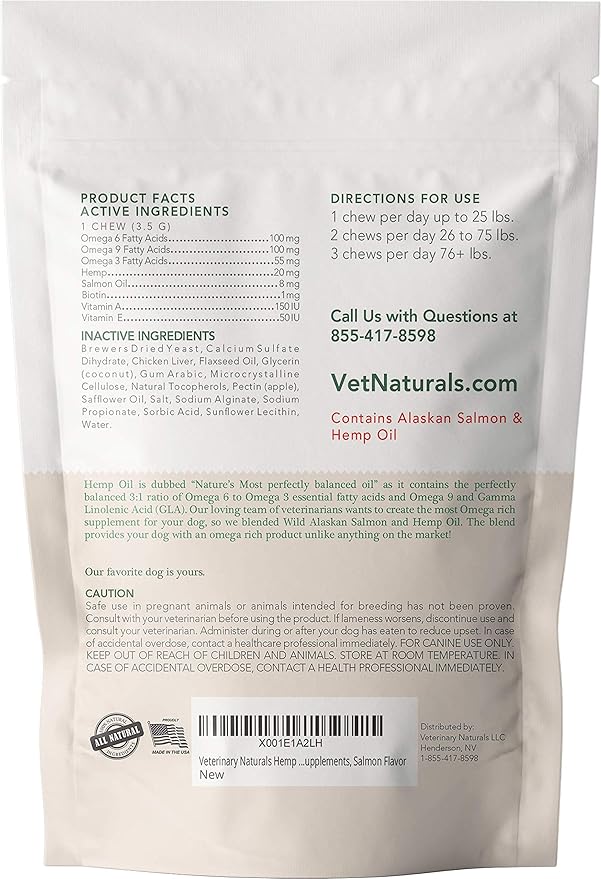 Veterinary Naturals Hemp Oil & Salmon Oil Chews for Dogs - Support HIPS & Joint - Best Source of Omega 3 - Fish Oil for Dog’s Shiny Coat & Itch Free Skin - 60 Soft Chew Dog Joint Supplements