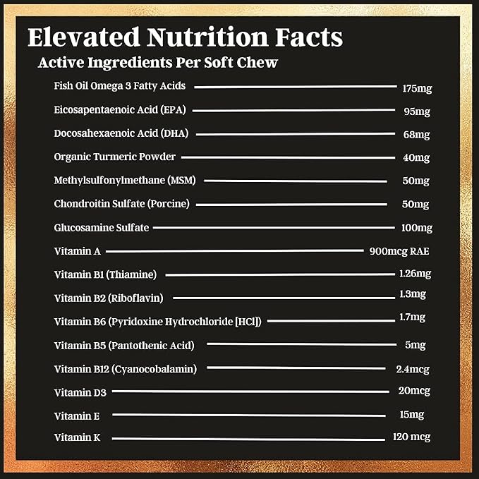 Ultra-Healthy Omega 3 Fish Oil Treats w/ MSM, Glucosamine, Chondroitin, EPA/DHA for Dogs: Elevated Pets Fish Oil, Turmeric & Joint Supplement + Allergy Chews - Ultimate Dog Vitamin Supplement