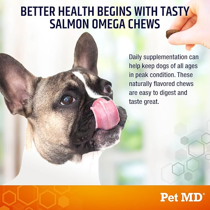 Pet MD Salmon Omega Bites for Dogs - Skin and Coat Supplement with Omega 3 & 6 for Dogs Plus DHA & EPA - Promotes Allergy & Dry Skin Relief - 60ct