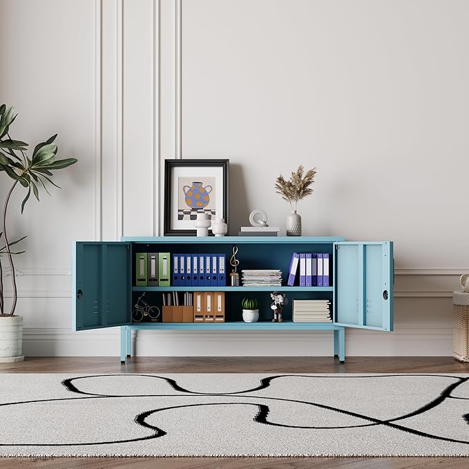 Blue Metal Storage Cabinet with Lock, 2-Door Wide Organizer, Adjustable Shelves, Multifunctional TV Stand & Entertainment Center for Bedroom, Living Room, 24" H x 39.4" W x 15" D