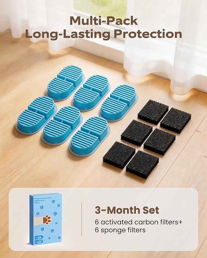 Cat Water Fountain Filter: Wireless Cat Fountain Filters Replacement - 12 Filters for Cordless Pet Water Fountain - 6 Pack Carbon Filters + 6 Pack Sponges Filters (3 Month Supply)