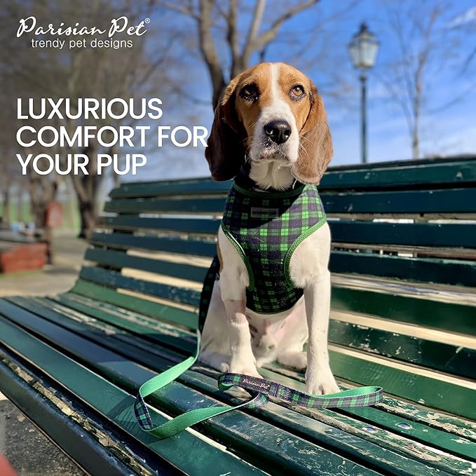 Parisian Pet Adjustable Plaid Green Dog Vest Harness - No Choke, Padded, No Pull - Small-Sized Dog - Cooling for Walking, Running, Hiking - Puppy
