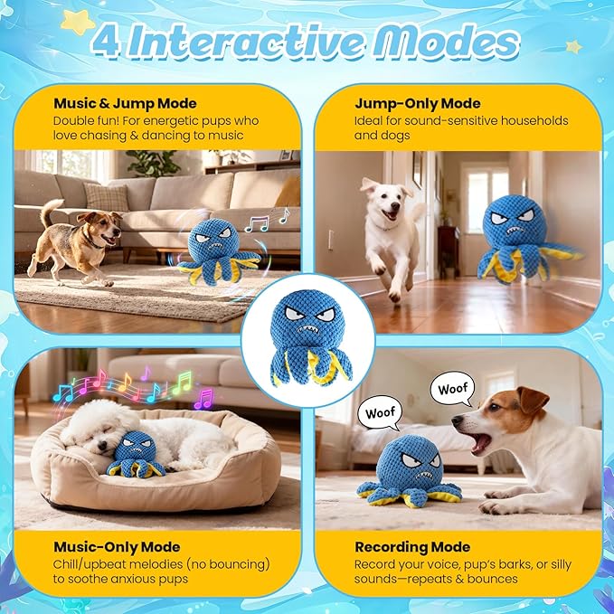 Interactive Dog Toys Octopus - Rechargeable Squeaky Dog Toy with 4 Modes Bouncing Ball, Music, Silent & Recording, Self Moving Plush Dog Toy for Small, Medium & Large Dogs to Keep Them Busy