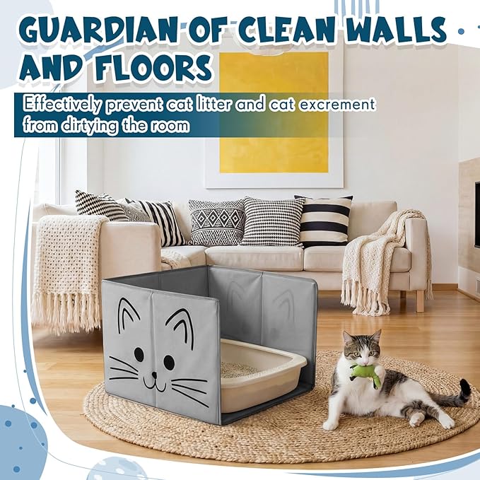 24"L×16.14"W×16.14"H Foldable Cat Litter Box Enclosure Splash Guard with Removable Mat, Cat-print Casing, Large High Sided for Litter Pan Water Resistant Easy Clean Anti-leakage Pee Shields