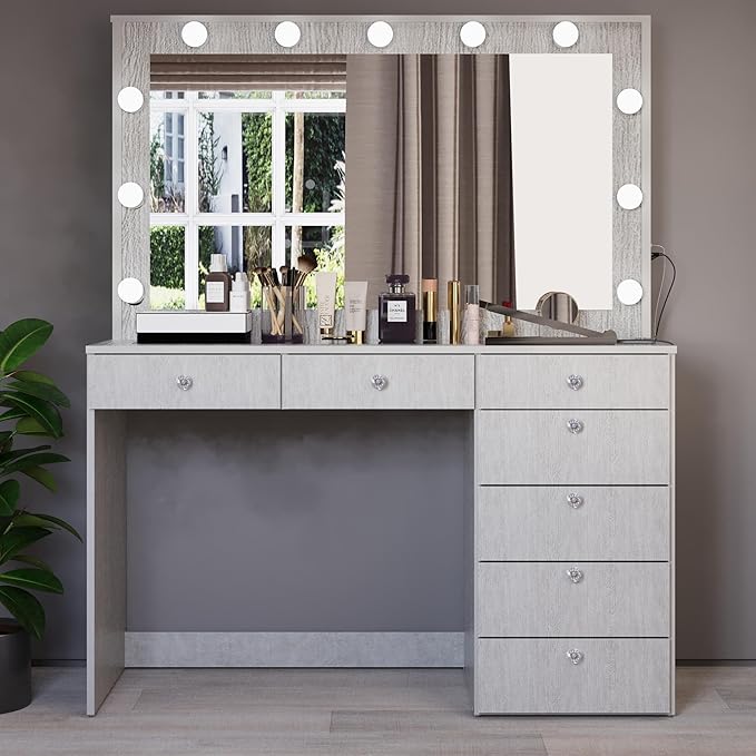 Boahaus Serena White Makeup Vanity with Mirror and 11 Lights, 7 Drawers, Glass Top, Crystal Knobs, USB-A & USB-C Ports, 110V Power Outlet, Bedroom Vanity Desk (Grey-1)