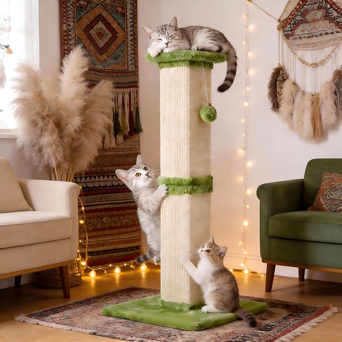 Tall Cat Scratching Post, 32'' Heavy Duty and Thick Scratching Post, Scratching Post for Adult Cats, Thick Sisal Rope with Hanging Ball, Green