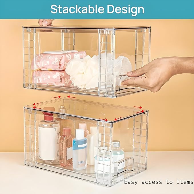 Clear Acrylic Storage Organizer Set, Multi-Purpose Cabinet Bins for Office, Kitchen, Bathroom, Stackable (3)