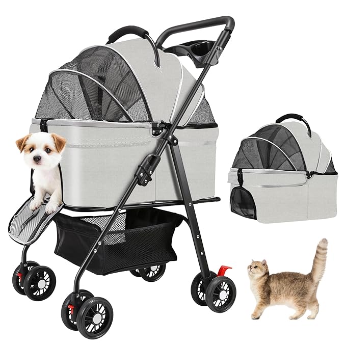 Pet Stroller for Small Dogs and Cats with 4 Wheels, Foldable Portable Dog Stroller with Detachable Carrier, Sun Shades, Storage Basket & Cup Holder, Up to 33 lbs
