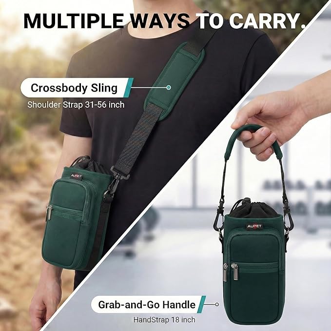 AUPET Water Bottle Sling Bag Sleeve Holder Carrier 25/32/40/64 oz,Insulated Crossbody Water Bottle Case Cover with Strap and Pockets for Men/Women Walking Hiking
