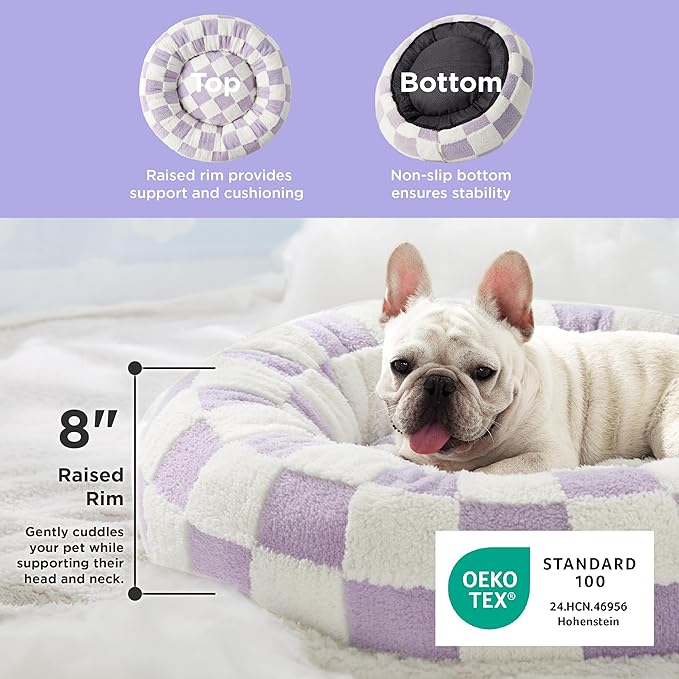 LE SURE Donut Medium Dog Bed - Round Cat Beds for Indoor Cats Calming Pet Beds, Cute Modern Beds with Jacquard Shaggy Plush & Anti Slip Bottom, 30 Inch, Purple