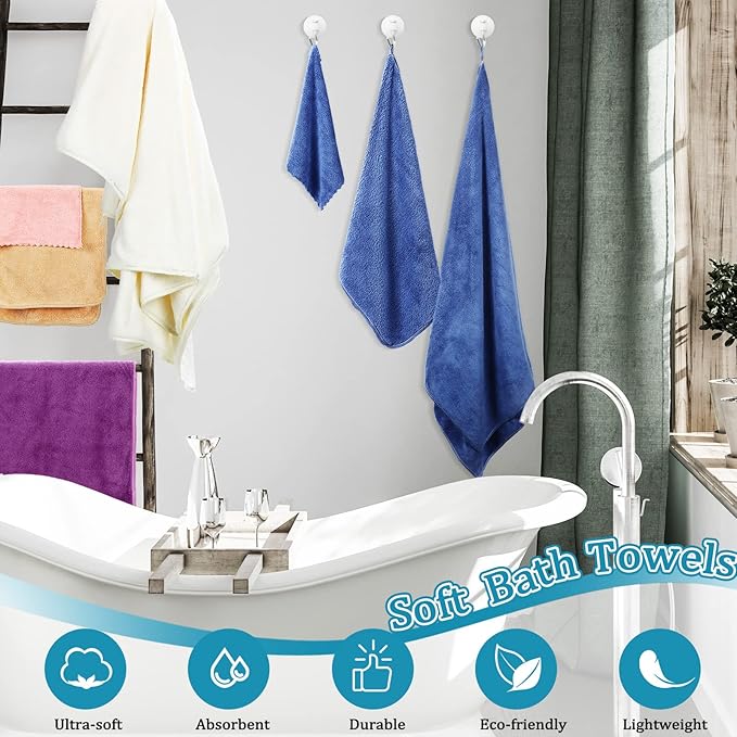 Moukeren 18 Pcs Microfiber Bath Towel Set 6 Bath Towels 6 Hand Towels 6 Washcloths Soft Coral Velvet Highly Absorbent Bathroom Towel for Fitness Sports Yoga Travel(Cute Colors)
