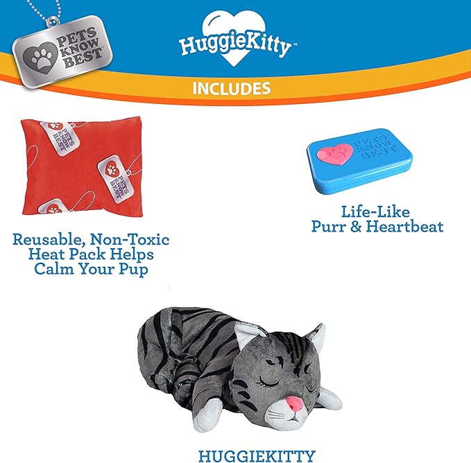 HuggieKitty | Comfort Purring Companion with Heartbeat Sleep Aide for Cats & Kittens, Heating for Calming Relief, Carrier & Behavioral Training Essential, Breeds, Pet's Know Best | Grey
