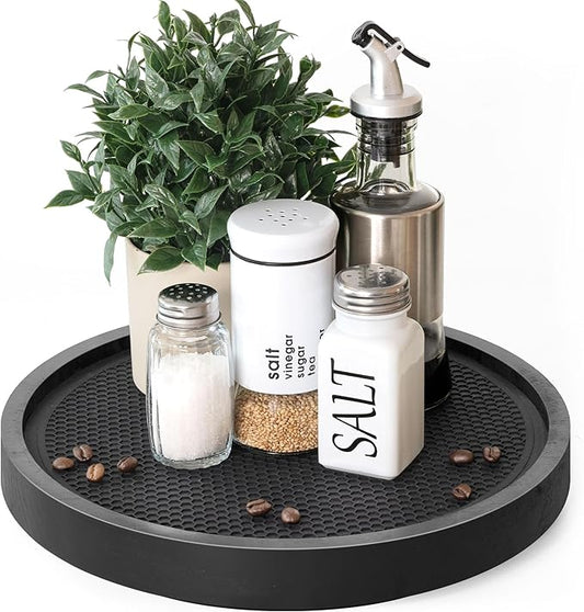 EOSAHR Non-Skid Wooden Lazy Susan Turntable for Cabinet – Chic 10.5" Lazy Susan Turntable and Bathroom Tray for Bathroom Decor & Coffee Table - Ideal for Home and Kitchen (Black)
