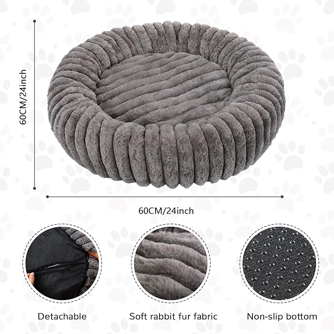 Cat Bed for Indoor Cats, 24 inch Calming Cat Bed with Ultra Soft Plush, Machine Washable Round Anti-Anxiety Pet Bed for Large Cats and Small Dogs, Grey