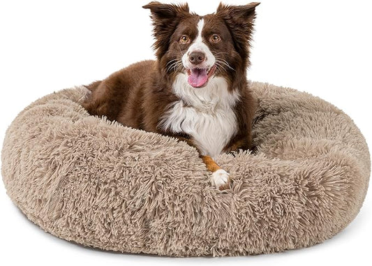 PetAmi Calming Dog Bed for Small Medium Dog Cat, Round Donut Dog Bed Washable, Fluffy Faux Fur Plush Cuddler Pet Kitten Cushion Bed, Anti-Slip, Fits up to 45 lbs, 30 inch, Taupe