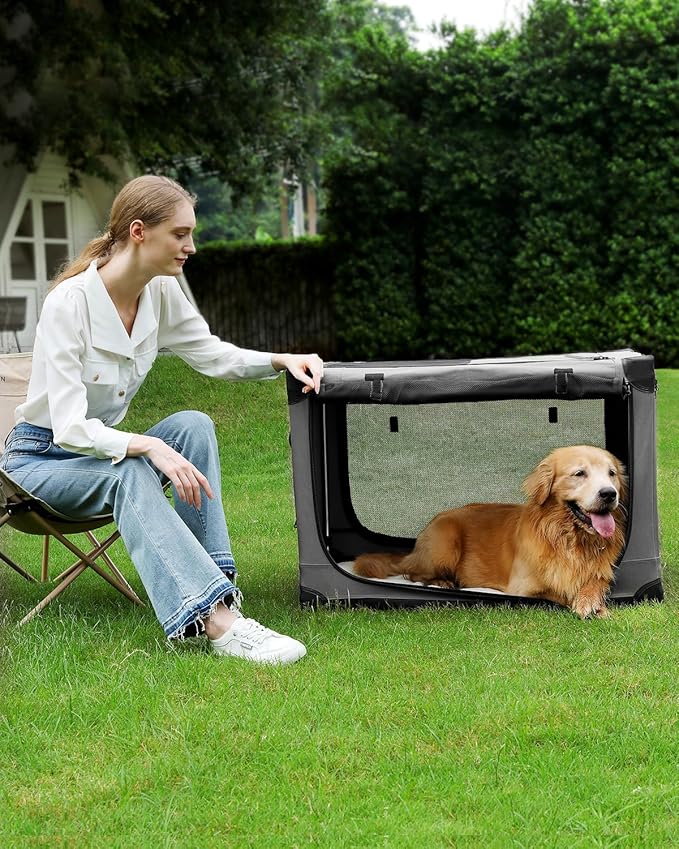 30-Inch Collapsible Travel Dog Crate, Portable 4-Door Soft Kennel for Medium to Large Dogs, Chew-Proof Mesh Windows, Indoor/Outdoor Use, Foldable, with Storage Bag (Grey)