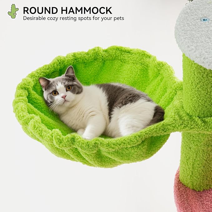 YITAHOME Cactus Cat Tree: 36 in Cats Tower for Indoor Kittens with 2 Platforms, Scratching Post, Spring Ball, Hanging Ball, Hanging Basket, Green & Pink