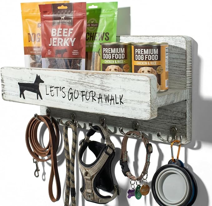 Wood Dog Leash Holder for Wall, Key Hangers with 5 Double Key Hooks, Dog Leash Hanger Wall Mounted for Entryway, Farmhouse Treats,35cm,White