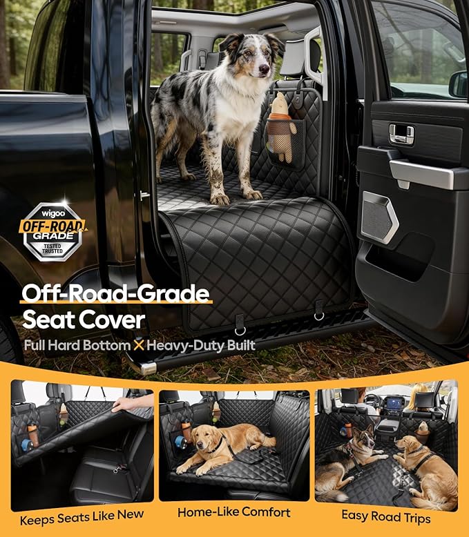 Wigoo Dog Truck Seat Cover for Back Seat, 450lb Support Hard Bottom Hammock for 1–4 Large Dogs, Waterproof & Anti-Scratch Backseat Protector, Car Bed Extender for Truck & SUV, Size-XL, Black+Orange