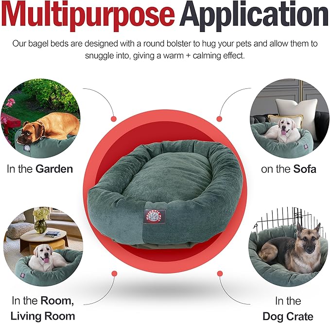 Majestic Pet 32 Inch Micro Velvet Calming Dog Bed Washable – Cozy Soft Round Dog Bed with Spine for Head Support - Fluffy Donut Puppy Mat 32x23x7 (inch) Medium – Azure (2025)