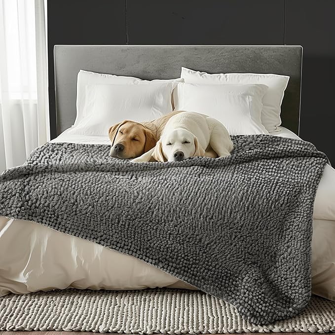 Muddy Mat® Dog Blanket - Chenille Water Absorption Blanket for Bed & Couch Cover for Dogs Washable, Anti-Slip Soft and Durable Furniture Protector for Dogs - Grey 40"x50"