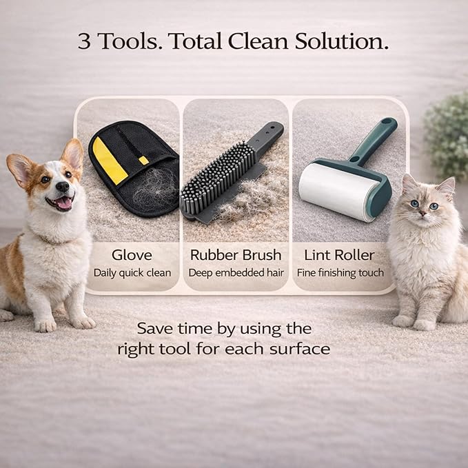 Pet Hair Remover Kit – 3 Piece Dog & Cat Hair Cleaning Set – Reusable Fur Removal Glove, Rubber Brush & Lint Roller – Removes Hair from Furniture, Couch, Carpet, Clothes & Car